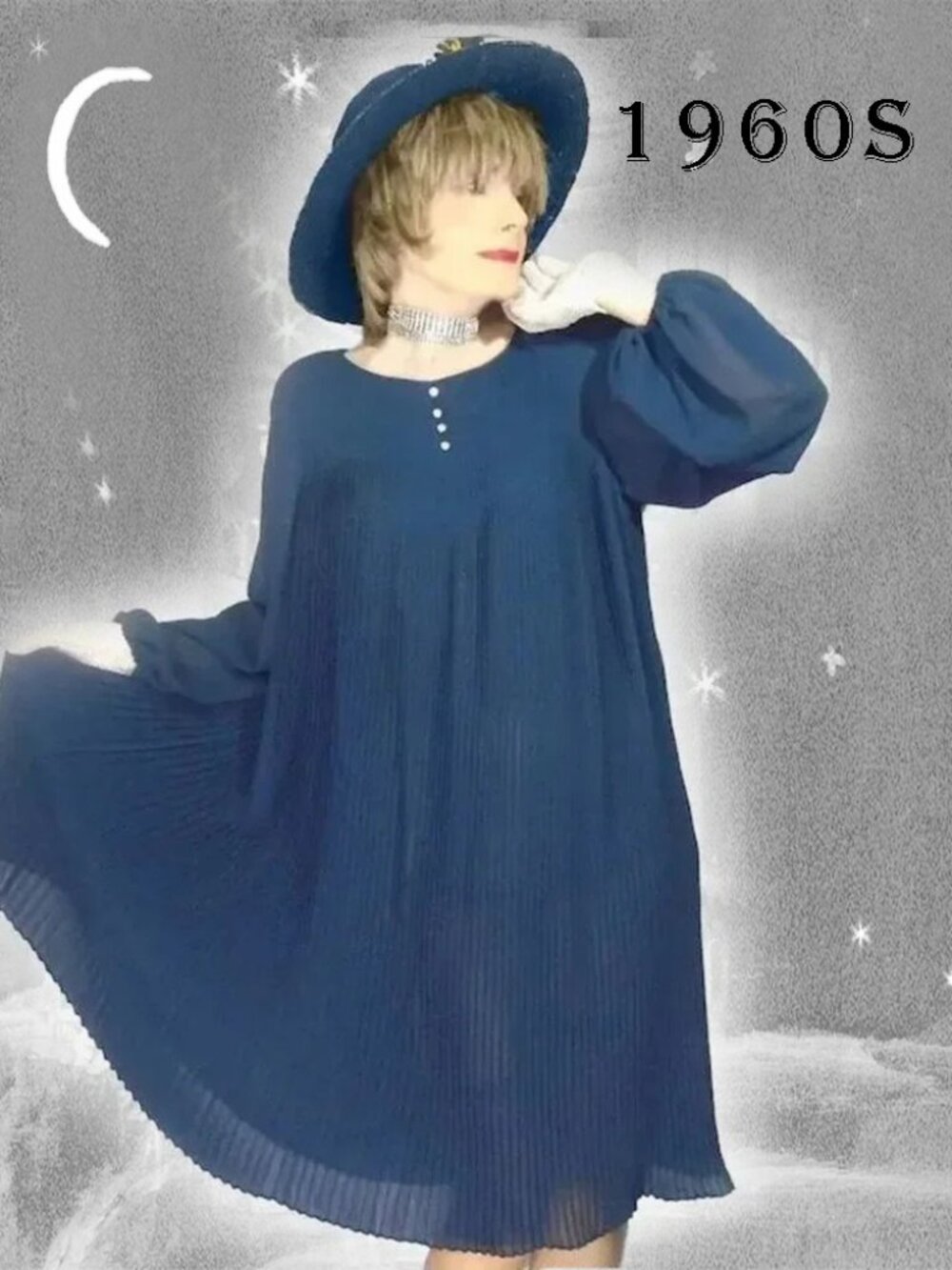 Long Sleeve Formal Dress, Navy Pleated Loose Tent Dress Vintage Maternity